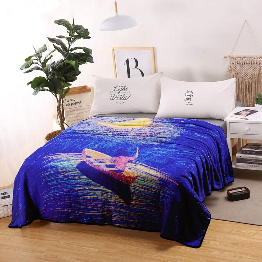 Senza Marchio Sticker Superb 3D Donkerblauw Aquarel Schilderij Serie Deken Gooi voor Jongen Meisje Baby Leuke Herten Romantische Heteluchtballon Zachte Pluizige Koraal Fleece XL XXL Sheet Bed Cover Plaid (Ferry 60x87)