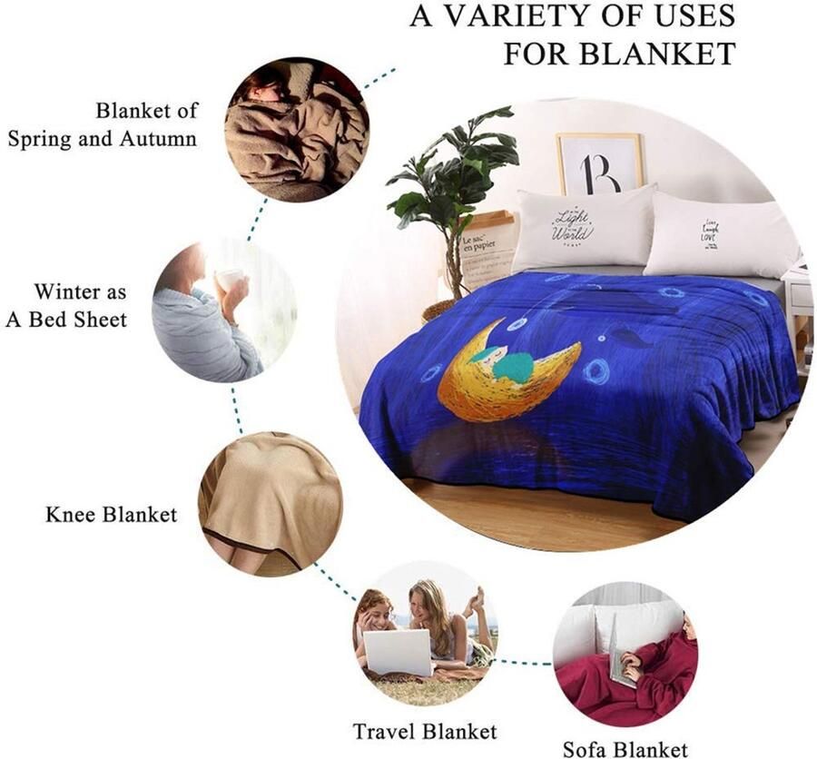 Senza Marchio Sticker Superb 3D Donkerblauw Aquarel Schilderij Serie Deken Gooi voor Jongen Meisje Baby Leuke Herten Romantische Heteluchtballon Zachte Pluizige Koraal Fleece XL XXL Sheet Bed Cover Plaid (Maan 31x43)