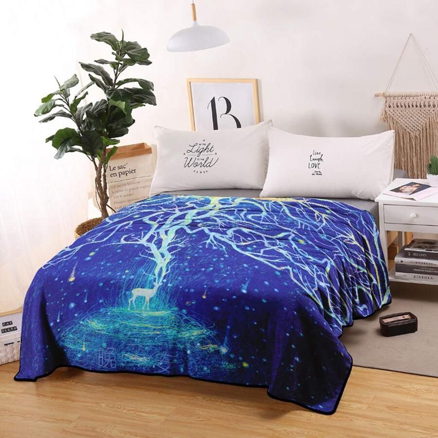 Senza Marchio Sticker Superb 3D Donkerblauw Aquarel Schilderij Serie Deken Gooi voor Jongen Meisje Baby Leuke Herten Romantische Heteluchtballon Zachte Pluizige Koraal Fleece XL XXL Sheet Bed Cover Plaid (Herten 87x95 inch)