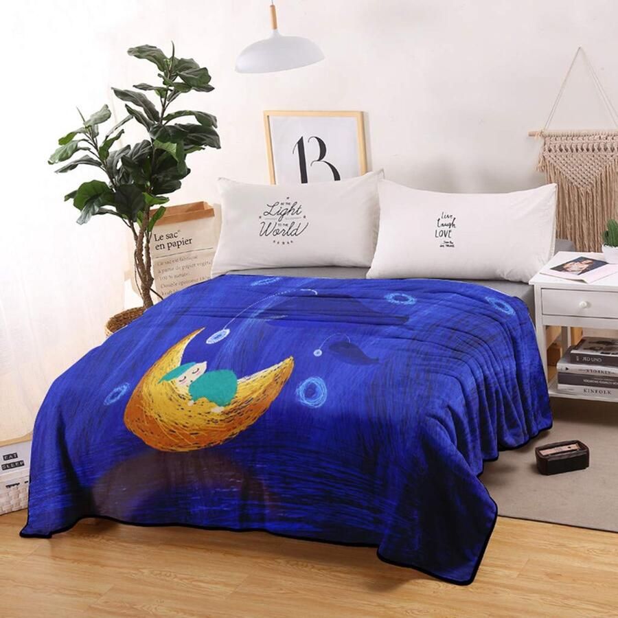 Senza Marchio Sticker Superb 3D Donkerblauw Aquarel Schilderij Serie Deken Gooi voor Jongen Meisje Baby Leuke Herten Romantische Heteluchtballon Zachte Pluizige Koraal Fleece XL XXL Sheet Bed Cover Plaid (Maan 86x95 inch)