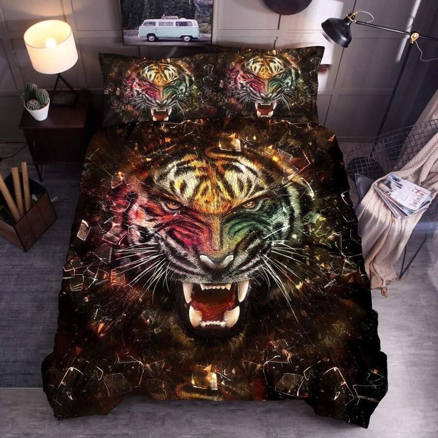 Senza Marchio Sticker Superb 3D Jungle Animal Dekbedovertrek en kussensloop Tiger Cheetah Papegaai Kleurrijke Print Microfiber Beddengoed set 2 3 Stuk Set (Tiger Head Eenpersoonsbed)