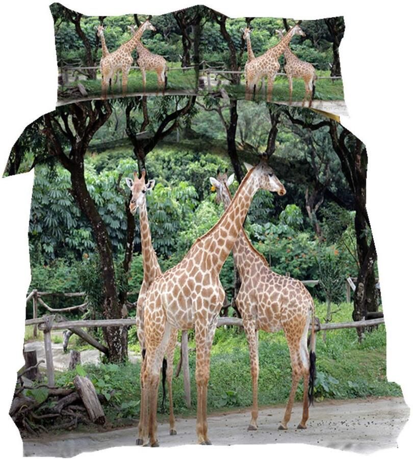 Senza Marchio Sticker Superb Beddengoed Set Groen Bos Giraffe 3D Dierenprint Stijlvolle Dekbedovertrek Set Kinderen Jongen Meisje Dubbel Bed Dekbedovertrek 200x200cm en Kussensloop 50x75cm (Giraffe Tweepersoonsbed)