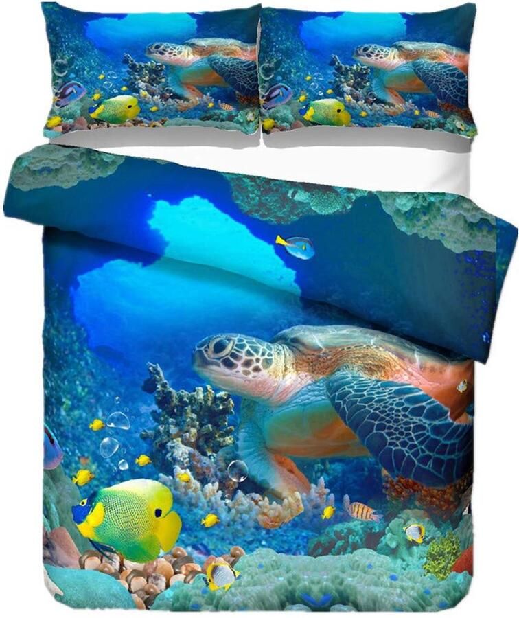 Senza Marchio Sticker Superb Kinderbeddengoed Set 135 x 200 cm Eenpersoonsbed 3D Mariene Dieren Zeeschildpad Exploratie Mooie Dolfijn Paradijs Blauw Zee Jongen Meisje Dekbedovertrek (Stijl #3 135x200 cm)