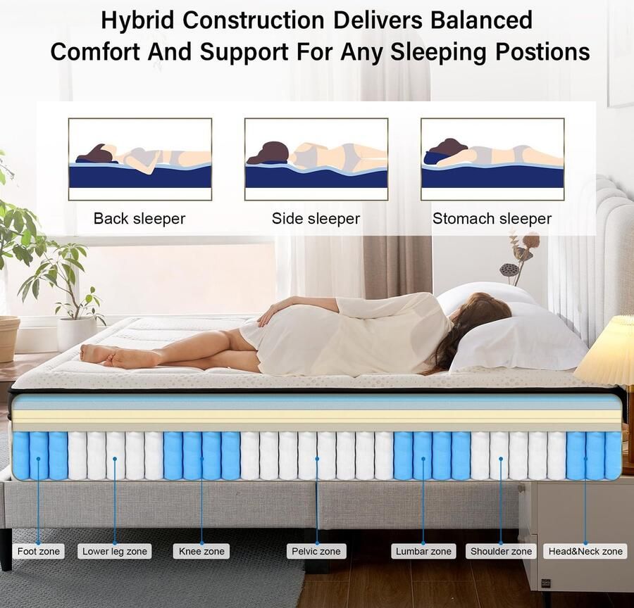 Senza Marchio Suiforlun Queenmatras 35 5 cm hybride matras Queen Cool Gel Memory Foam en zwaardere spoel pocketveringmatras in een doos voor lendensteun en rugpijnverlichting medium pluche 120 nachten proef