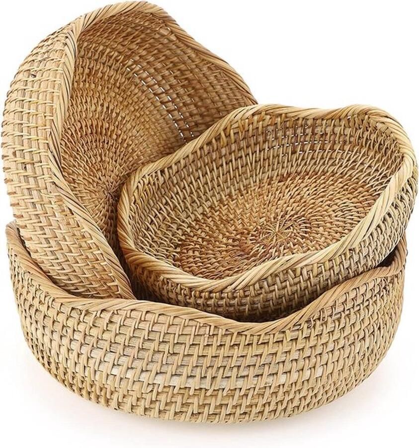 Sumnacon Set van 3 ronde rotan geweven fruitmanden brood serveermanden voor opslag tafel desktop en aanrecht decoratie golvende rand