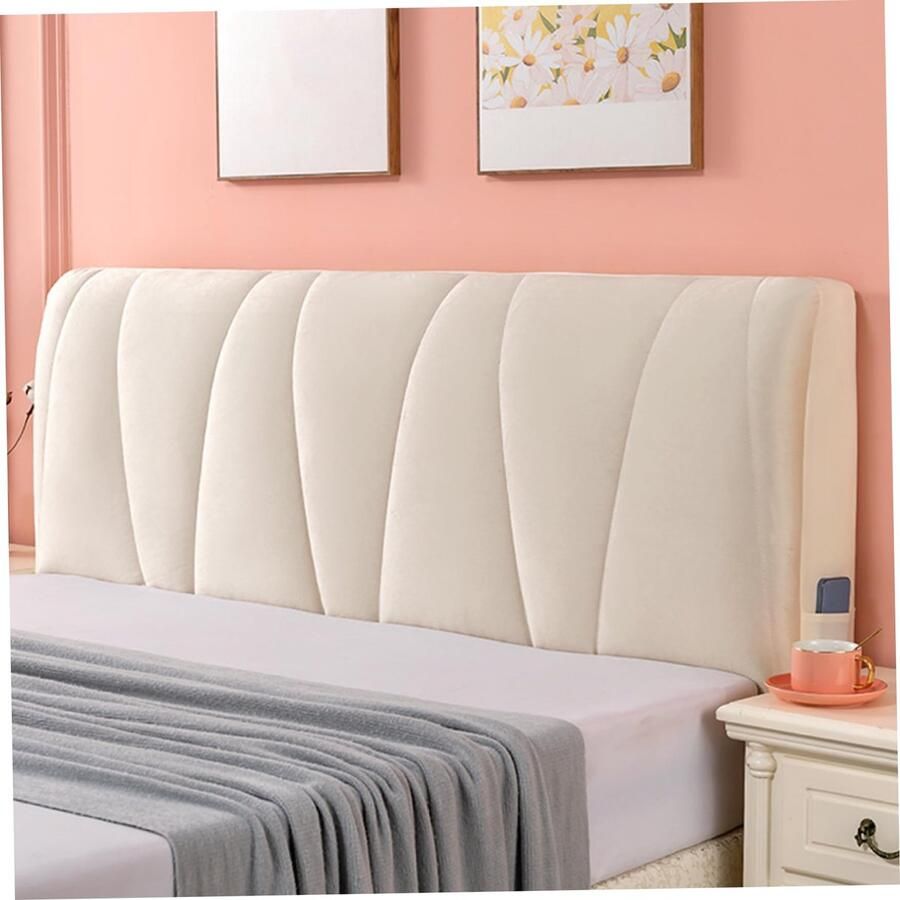 Senza Marchio SWEETBIUTI Hoofdbordhoezen dubbel hoofdbord elastisch fluweel anti-botsing hoofdeindehoes met zijvak wasbare hoes voor bedbescherming van het bed beige 71 x 29 5 cm