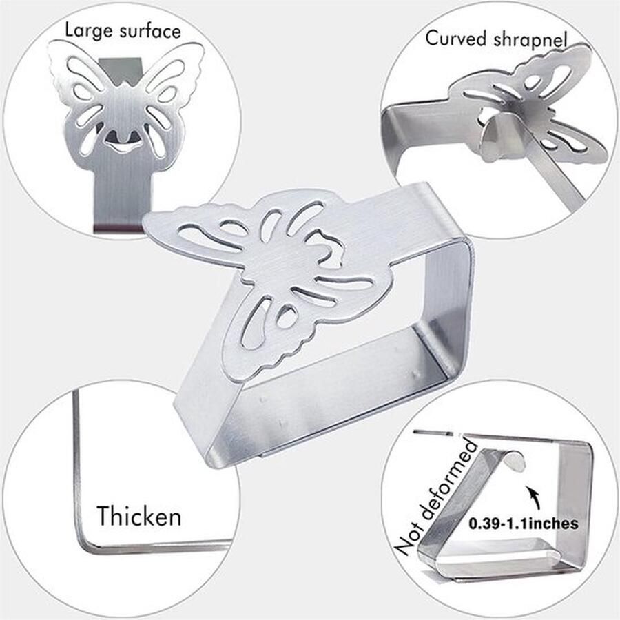 Senza Marchio Tafelkleedklemmen 8 stuks tafelklemmers van roestvrij staal roestbestendig antislip winddicht tafelkleed clips aan je tafelblad tot 3 5 cm dik (Vlinder)