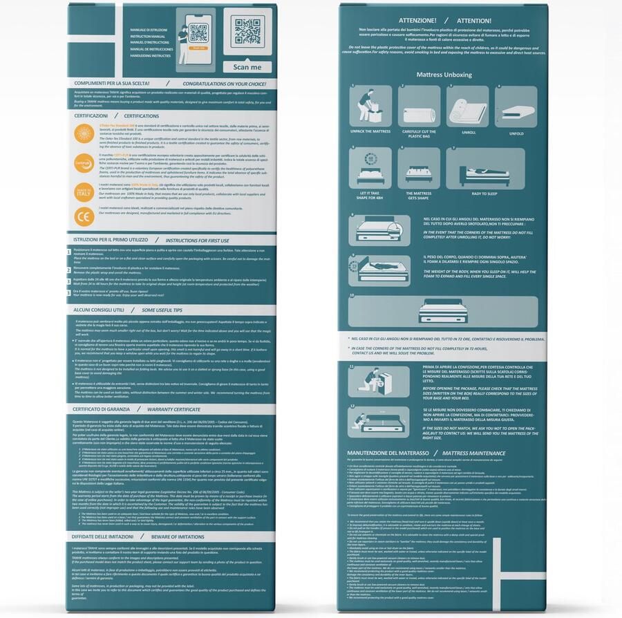 Senza Marchio TANHK Matras voor tweepersoonsbed 100% in Italië ergonomisch en orthopedisch hoog ademend vermogen met AirFoam-systeem afneembaar hypoallergeen (revitaliserend 180 x 200)