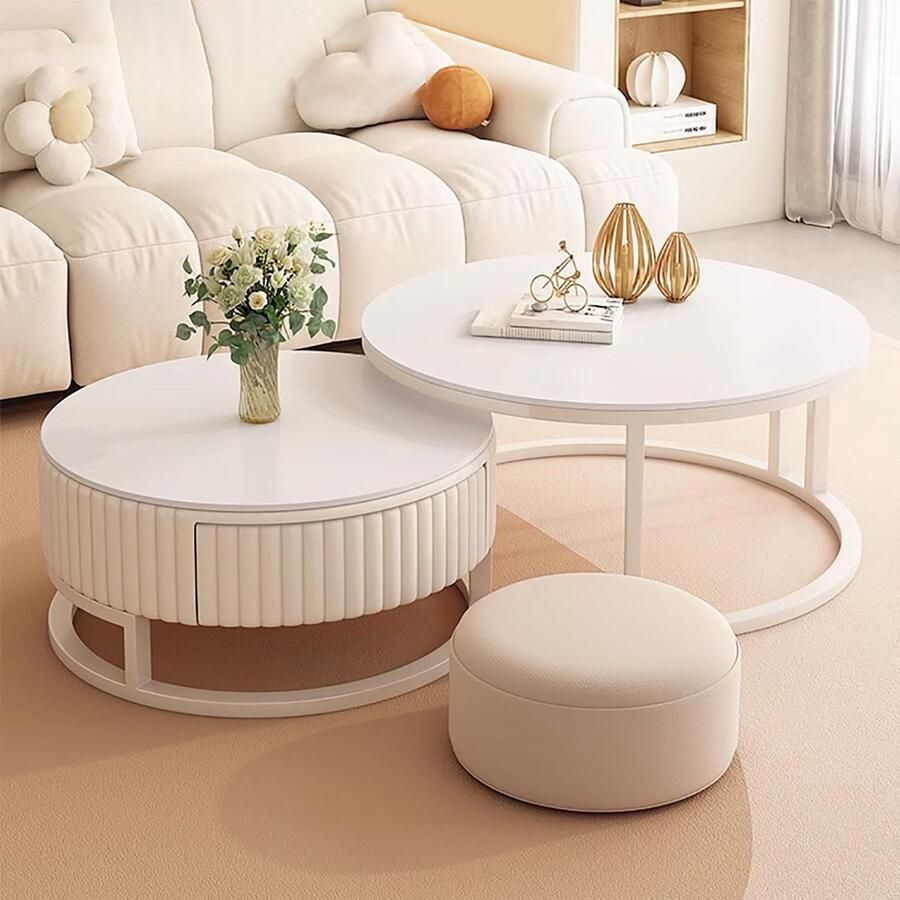 Senza Marchio TAUIANE Round Coffee Table Modern Nesting Coffee Tables Set of 2 Slate Tabletop Metal Frame Mid Century Accent Side Tables for Living Room Bedroom Office Balcony
