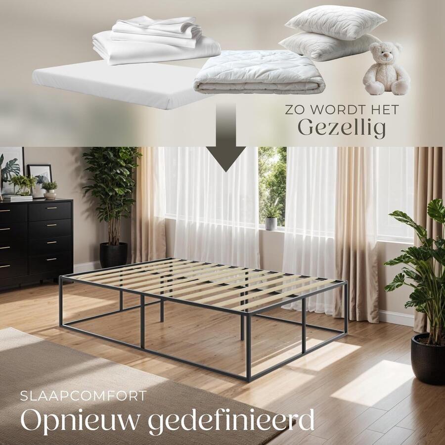 Senza Marchio tectake Bedframe Metalen bedframe zonder hoofdbord- Incl. lattenbodem van populierenhout Draagkracht 250 kg Bergruimte onder het bed 140 x 200 x 46 5
