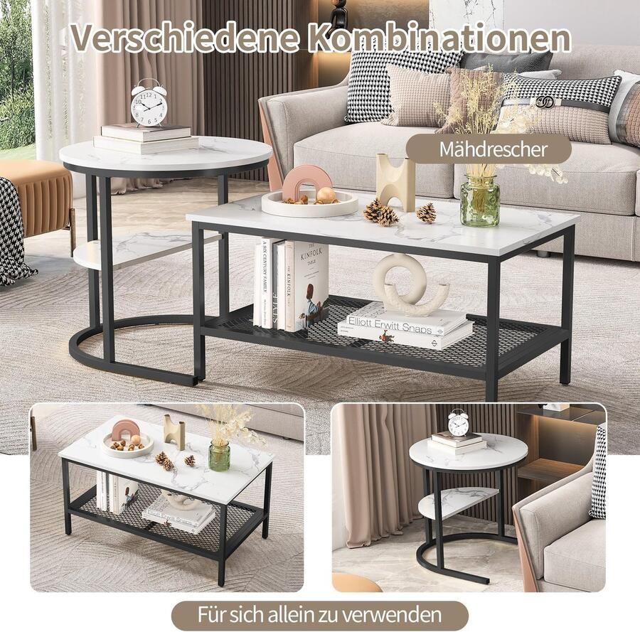 Senza Marchio TEOSTWF Nesting Salontafel Set van 2 Afneembare Ronde Tafel en Rechthoekige Tafel Faux Marmeren Top & Metalen Frame & Opbergplank Moderne Stapelen Bijzettafel Set voor Woonkamer (Zwart)