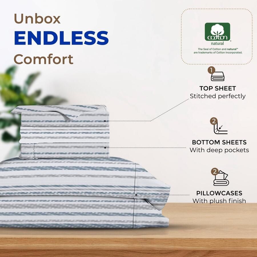 Senza Marchio THREAD SPREAD 100% katoenen bedrukte lakens blauw en grijs gestippelde koningin gestreepte laken set hotel luxe satijn geweven lakens diepe zakken ademende en koellakens voor queens size bed