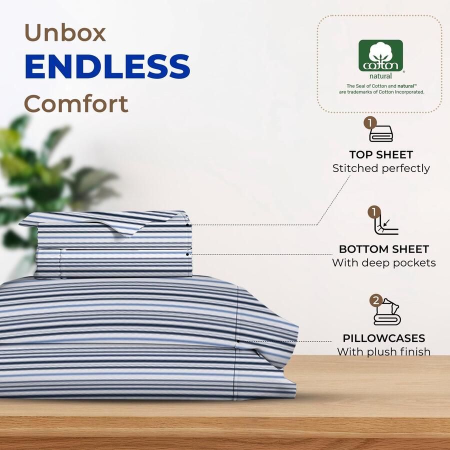 Senza Marchio THREAD SPREAD 100% katoenen bedrukte lakens bonte blauwe koningin gestreepte lakenset hotel luxe satijnweefsel lakens diepe zakken ademende en koellakens voor queens size bed