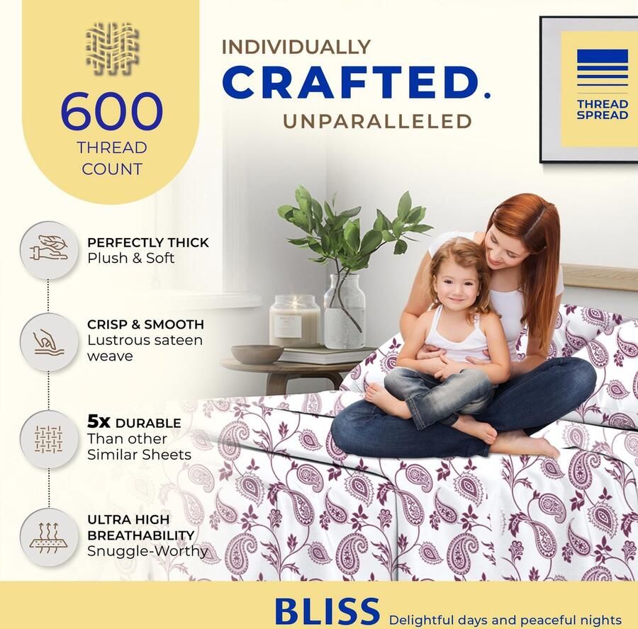 Senza Marchio THREAD SPREAD 100% katoenen bedrukte lakens Paisley bedrukte California King Sheet Set Hotel luxe satijnen geweven lakens diepe zakken ademende en koellakens voor Cali Kings size bed