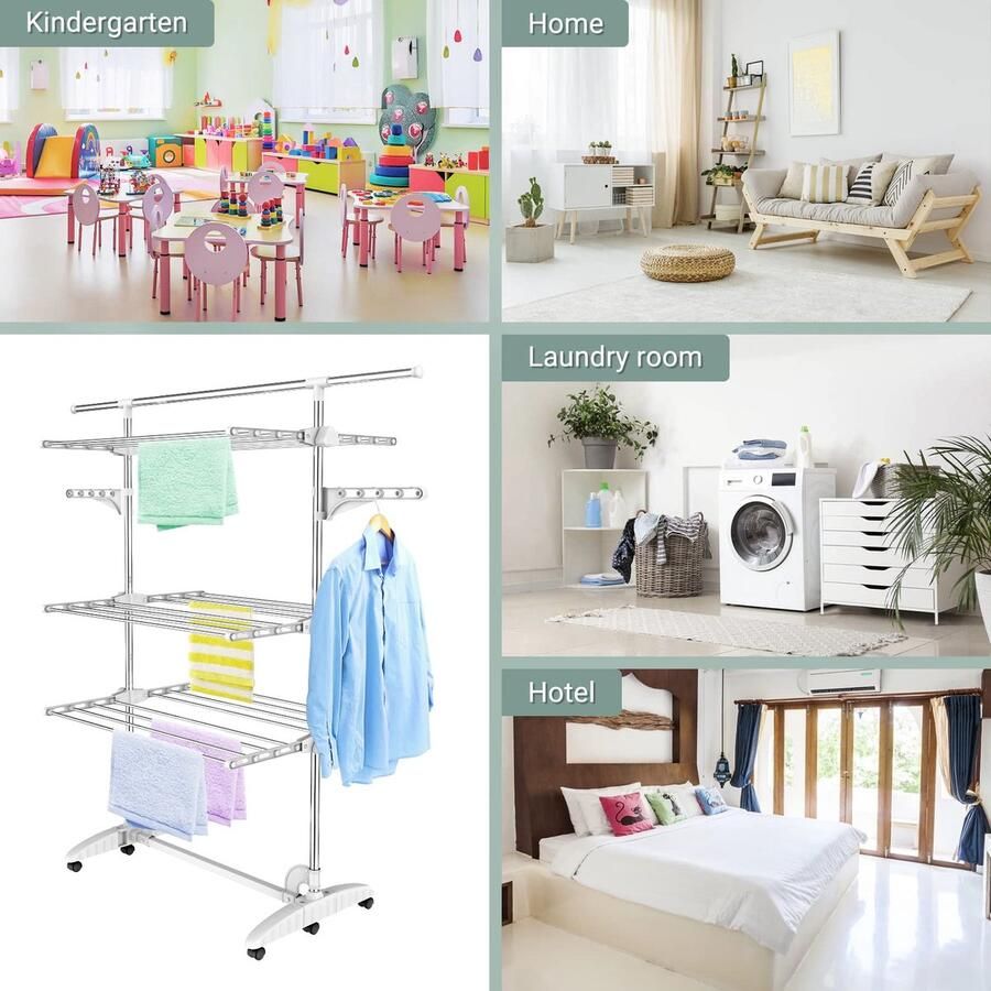 Senza Marchio Todeco 3 Tier Clothes Airer Folding Stainless Steel Laundry Drying Rack Adjustable Dry Rail Hanger with Wheels & Extendable Top Bar