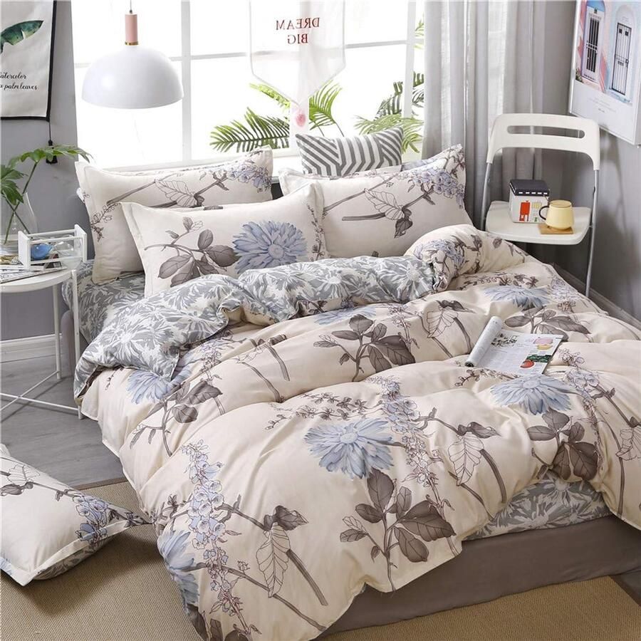 Senza Marchio Treer Beddengoedset tweepersoonsbed 4-delige dekbedovertrekset dubbele kingsize microvezel ademend polyester print rits gemakkelijk te onderhouden met lakens en kussenslopen Laken- bloem (beige 200 x 200 cm)