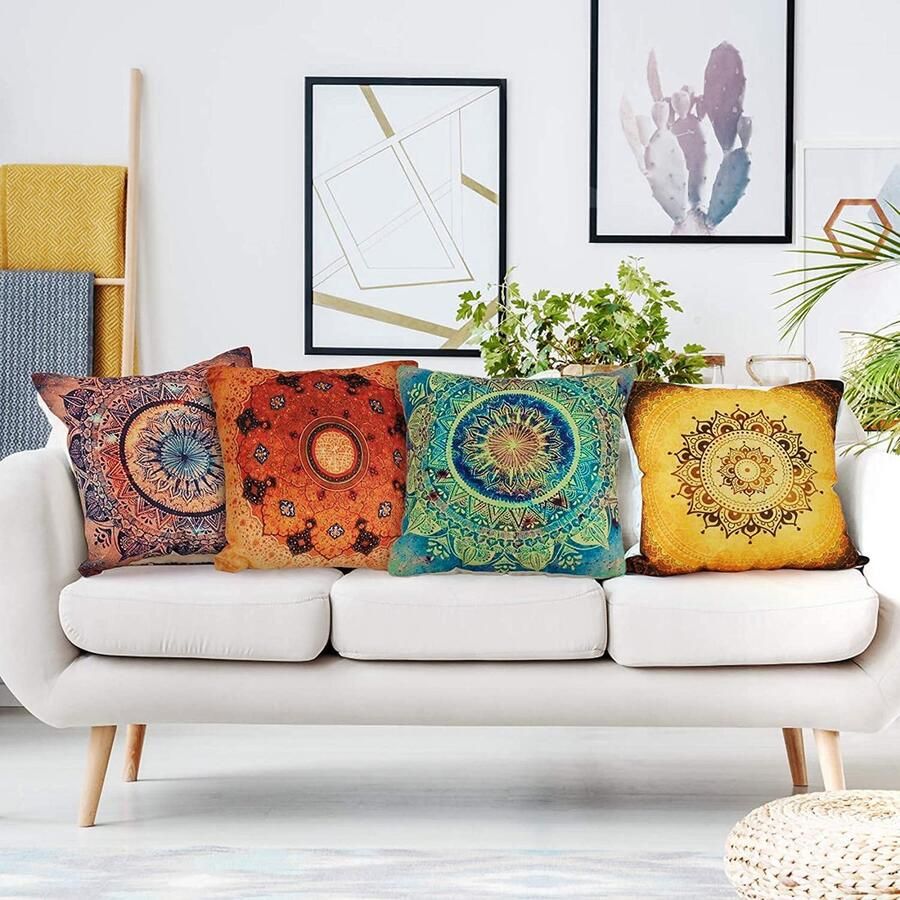 Senza Marchio tronisky Decoratieve kussenhoezen 4-delige set decoratieve kussenhoezen Indiase hippie Boheemse mandala-bloemenpatroon sierkussens kussenslopen van katoen en linnen voor bank woondecoratie 45