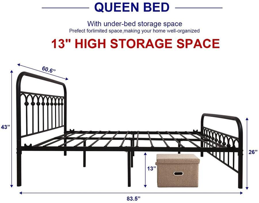Senza Marchio TUSEER Metalen bedframe queensize met vintage hoofdeinde en voetenplank platformbasis smeedijzeren bedframe (queensize zwart)
