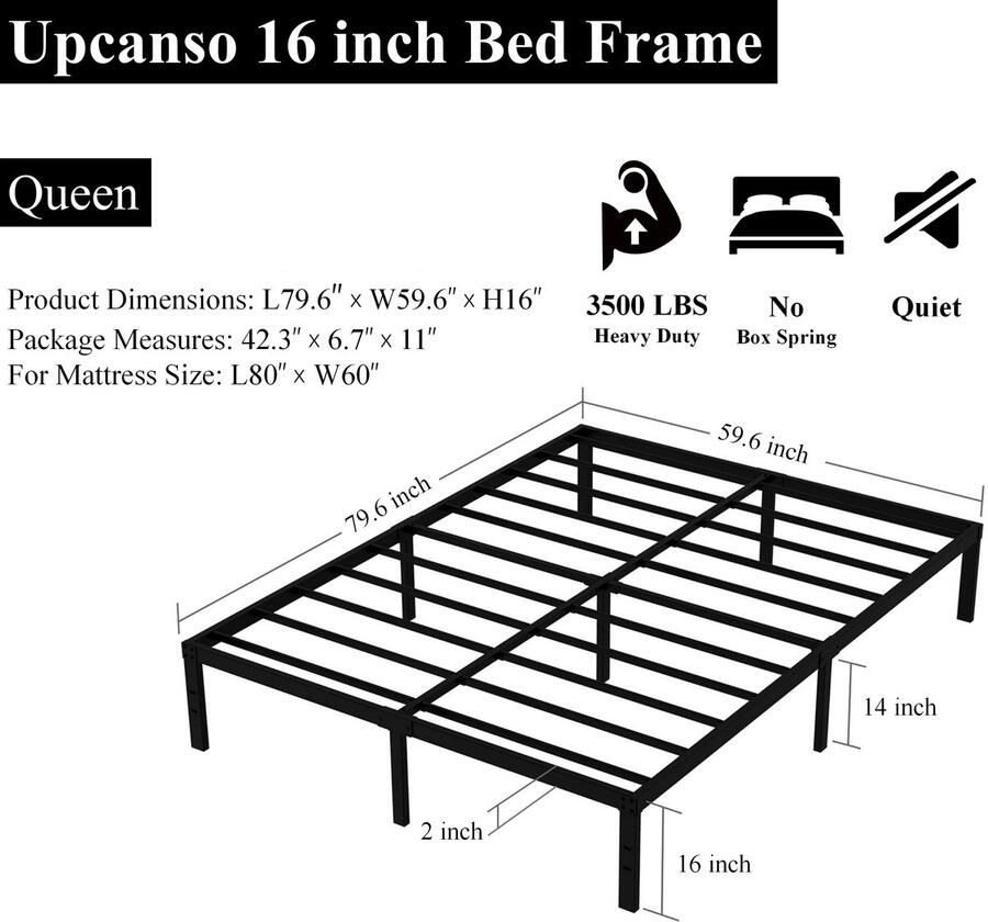 Senza Marchio Upcanso 16 inch queensize bedframe geen boxspring vereist metalen platform queensize bedframes met 14 inch opslag 1 6 kg zware antislip stalen latten ondersteuning eenvoudige montage matrasbasis