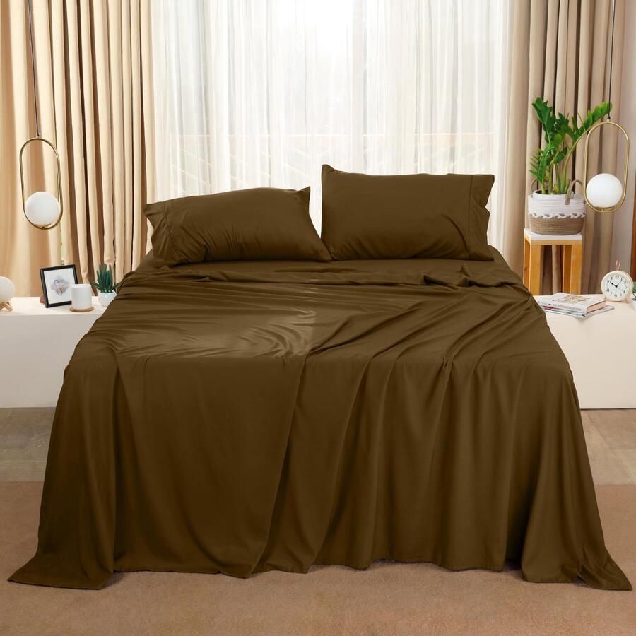 Senza Marchio Utopia Bedding Beddengoedset met queensize bed 4-delig beddengoed geborsteld microvezel krimp- en kleurvast gemakkelijk te onderhouden (Queen Mocha)