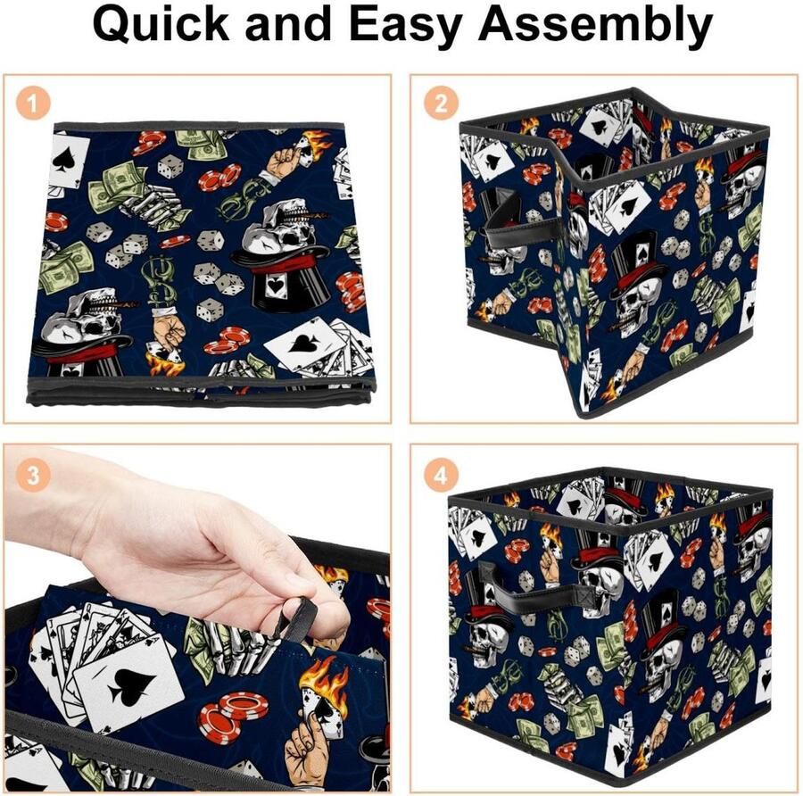 Senza Marchio VAPOKF Opvouwbare opbergdoos stoffen opbergmand kubus organizer bakken met handgrepen voor speelgoed kleding boeken kast slaapkamer thuis gokken dobbelstenen chips poker sigaar hoed schedel