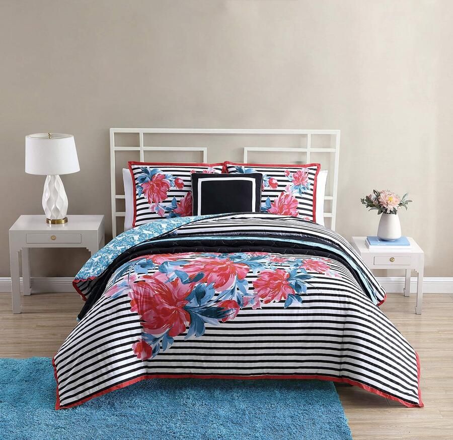 Senza Marchio VCNY Home Cottage Cove Bedding Collection| Nikki Omkeerbare Bloemen Dekbed Set (Tweepersoons 2 aparte bedden zwart blauw)