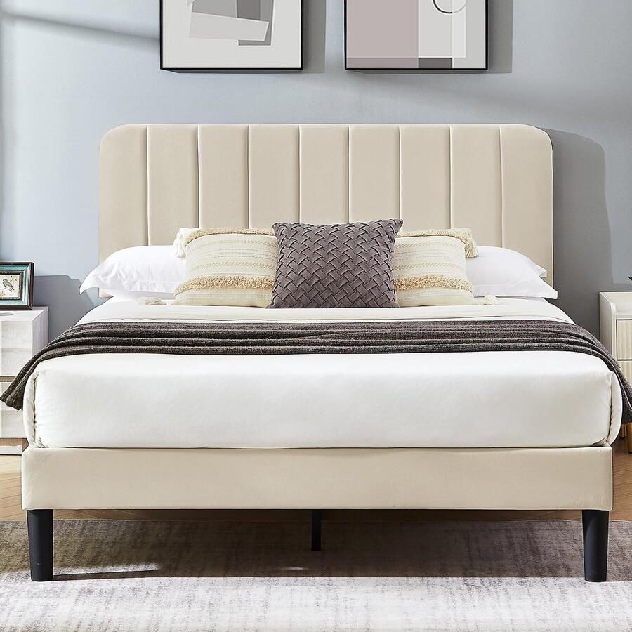 Senza Marchio VECELO Full Size Upholstered Bedframe met AdjFRtable Headboard Velvet Platform Bedframe Matras Foundation Sterke Houten Slat Support No Box Spring Needed