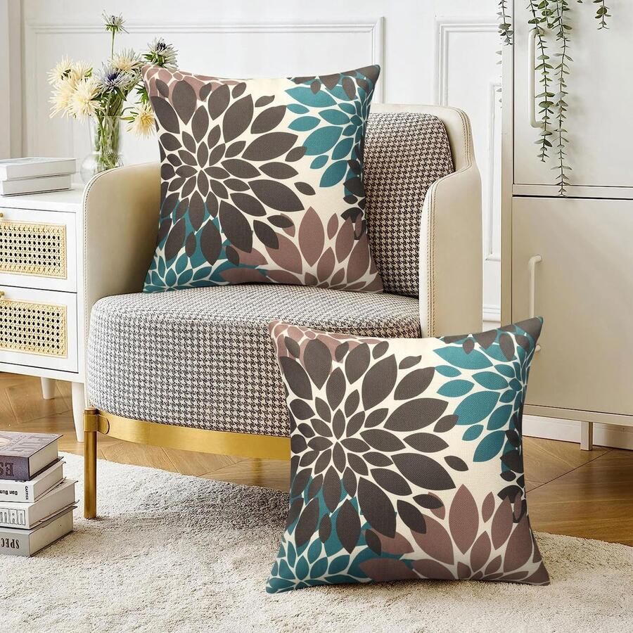 Senza Marchio Velvhom Kussensloop sierkussen bruin en blauwgroen Dahlia bloemen modern linnen kussensloop 40 x 40 cm bankkussen decoratie voor bank slaapkamer woonkamer balkon set van 2