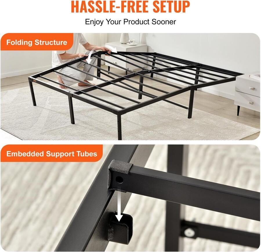 Senza Marchio VEVOR Bedframe 195 5x142x46 cm Metalen Lattenbodem Solide Structuur Tweepersoonsbed 680 kg Laadvermogen met 43 cm Opbergruimte onder het bed en Geluidsvrije Glijder Eenvoudige Montage Zwart Home