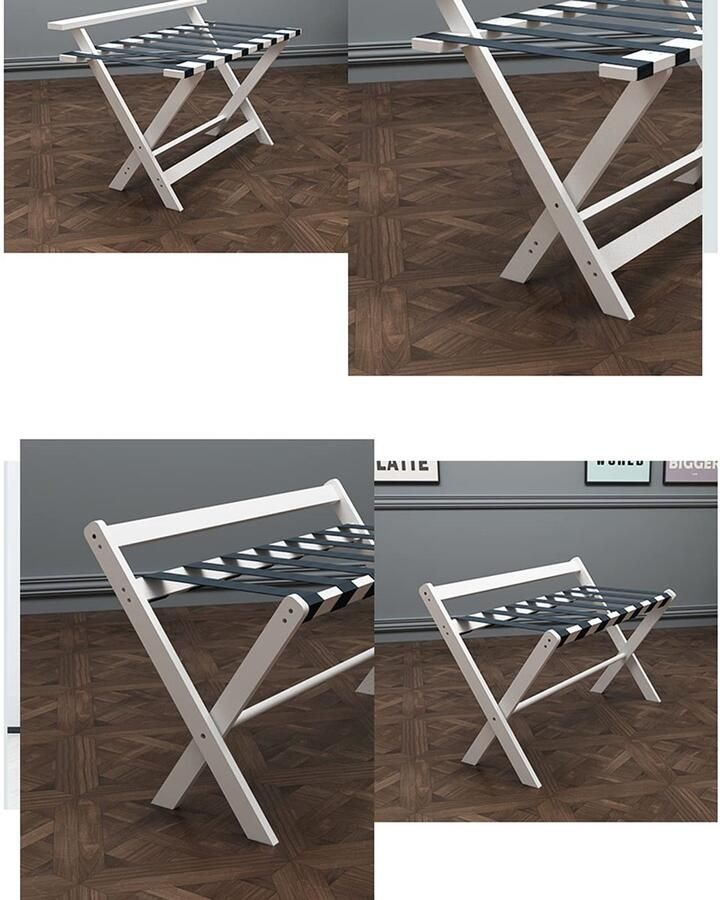 Senza Marchio Vintage houten bagagerek met inklapbare rechte poten en rugleuning nylon singelband geen montage vereist ideale bagagehouder voor logeerkamer of slaapkamer (zwart)