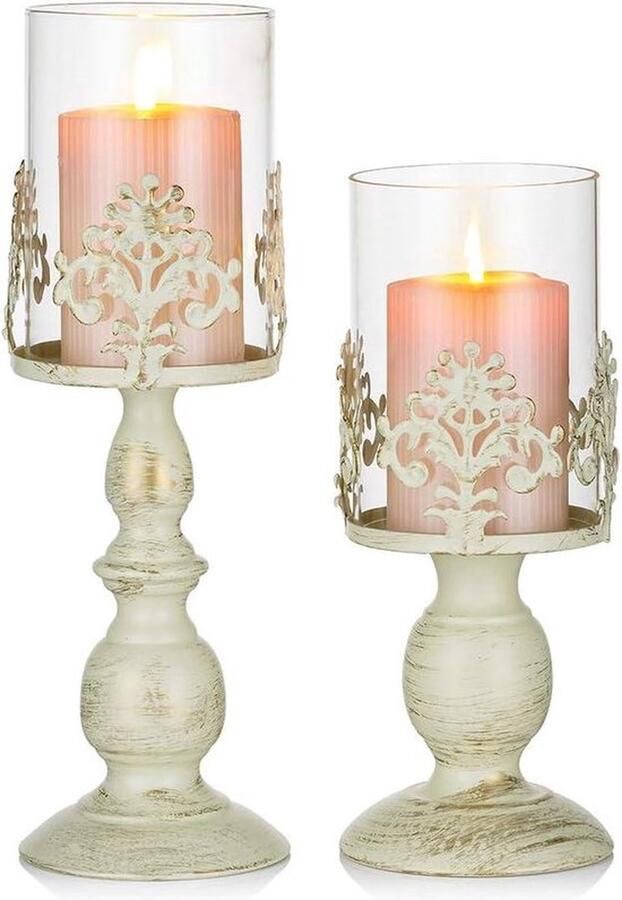 Senza Marchio Vintage Kandelaars voor Tafels Pijler Kandelaar met Glazen Schermafdekking Antieke Orkaan Kandelaar Display Thuis Bruiloftsfeest Kaarslicht Diner Decoratie 2 Stuks gold candle holders