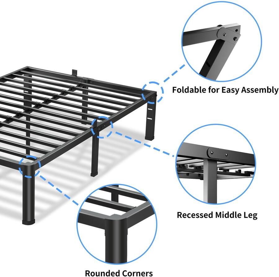 Senza Marchio VIPSHOW 14 inch queensize bedframe 3500 lbs Heavy Duty metalen platform met ronde hoekpoten matrasschuifstopper stalen latondersteuning geen boxspring nodig geluidsvrij antislip eenvoudige