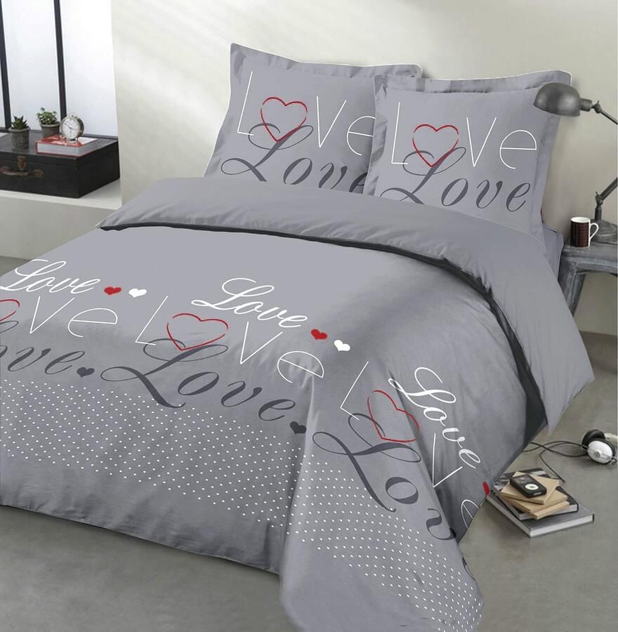 Senza Marchio Vision Love Grey beddengoedset Dekbedovertrekset 240 x 220 cm met 2 kussenslopen voor standaard tweepersoonsbed 100% katoen