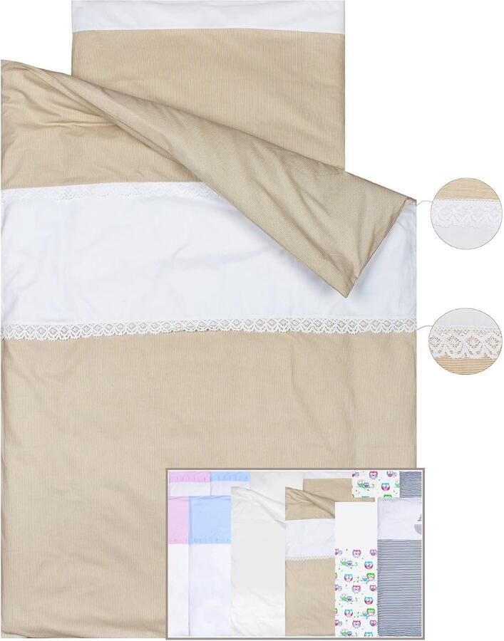 Senza Marchio Vizaro Dekbedovertrek en Kussensloop voor LEDIKANTJE 80-90 x 180-200cm 100% KATOEN Med. 150x200cm TOP KWALITEIT gemaakt in de EU OekoTex gecertificeerd C. Borduurwerk beige lijnen