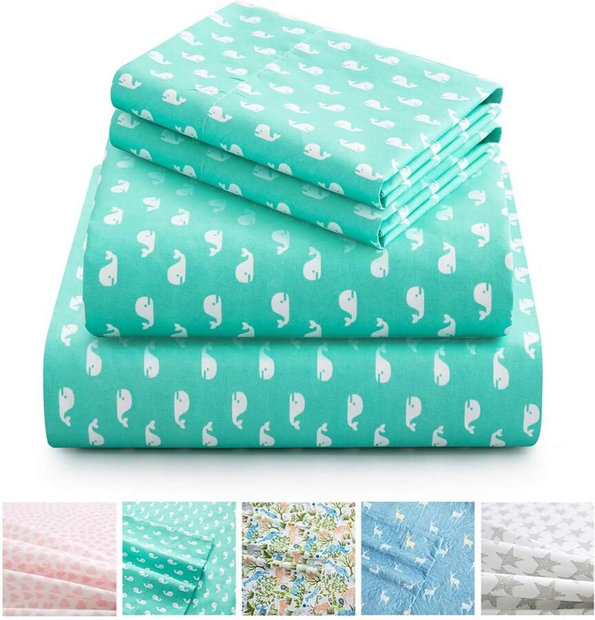 Senza Marchio Vonty Kids Bed Lakens Twin Green Baby Walvissen Gedrukt Lakens voor Jongens & Meisjes Zachte Lichtgewicht Microfiber Gemakkelijk Wassen Beddengoed Set (1 Hoeslaken + 1 Flat Sheet + 1 Kussenslot)