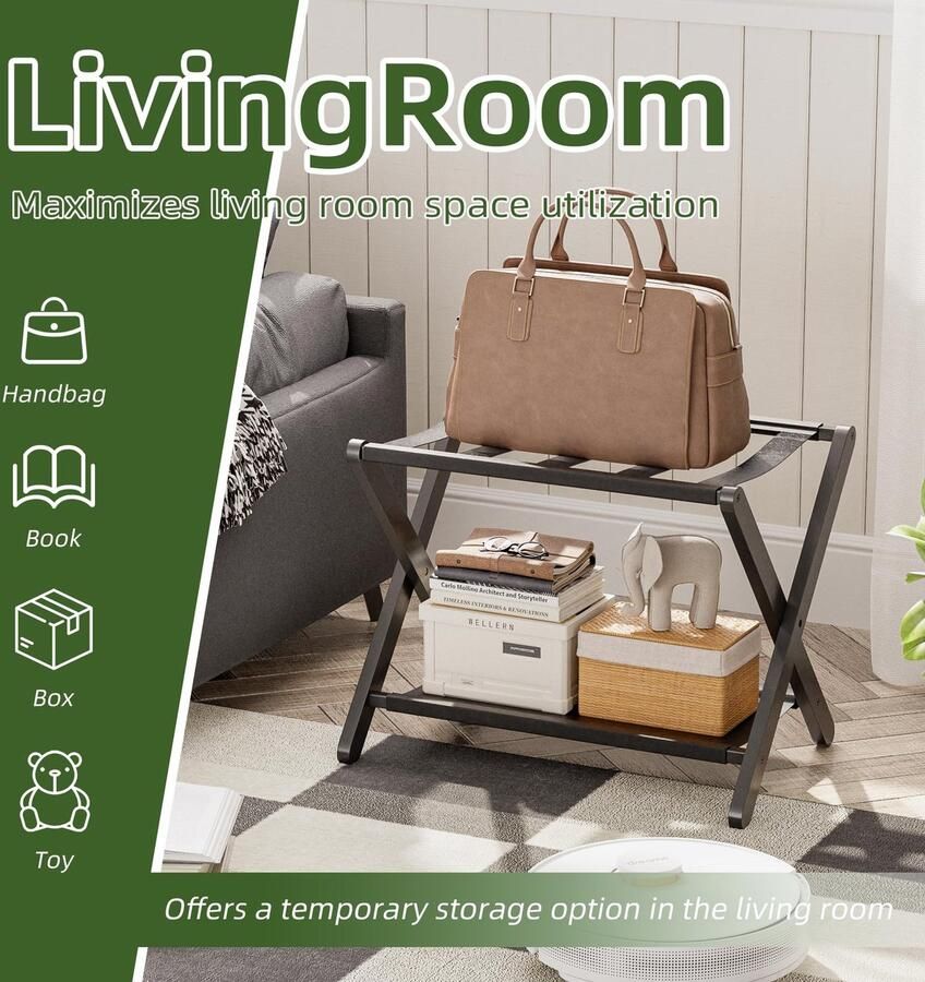 Senza Marchio VOVALA Bagagerek Opvouwbare Kofferstandaard met Opbergplank Premium Bamboe Bagagehouder voor Logeerkamer Slaapkamer Hotel Kast Lasten tot 61 kg (Zwart)