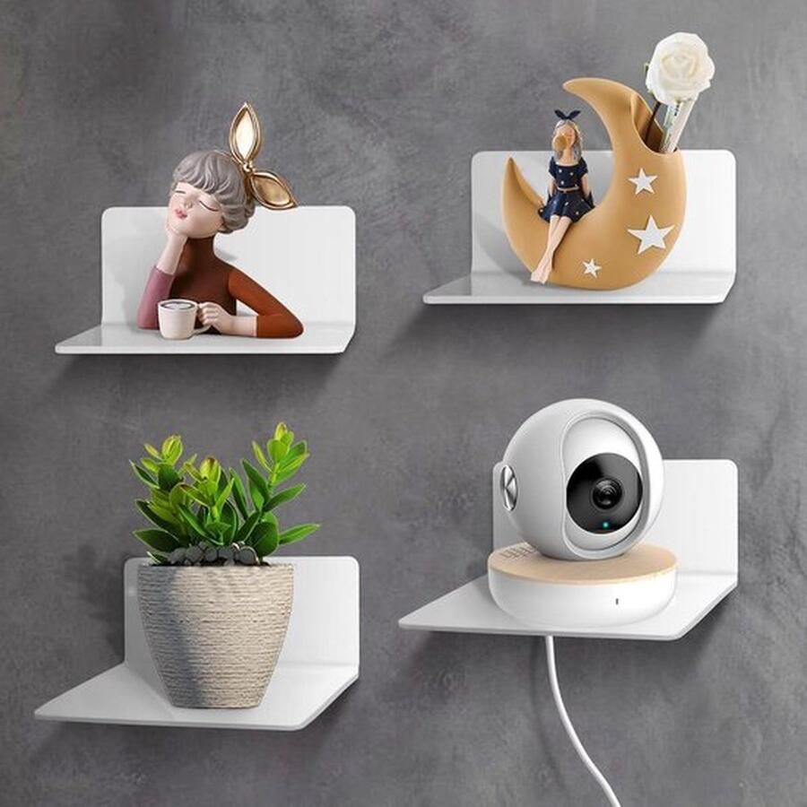 Senza Marchio Wandplanken badkamerrek wit acryl keukenrek set van 4 wandplanken met kabelclips klein rek zonder boren wandkruidenrek plankplank zwevend rek