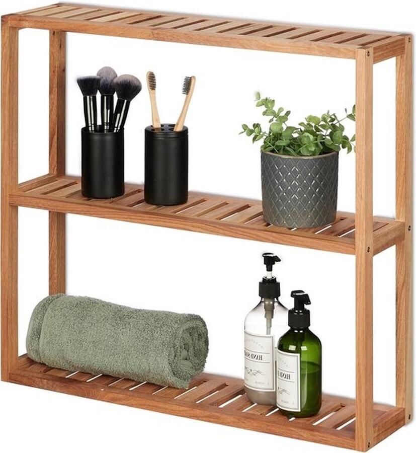 Senza Marchio Wandrek hout 3 etages smal badkamerrek keukenrek staand & hangend natuur 54 x 60 x 15 cm bathroom shelf wood