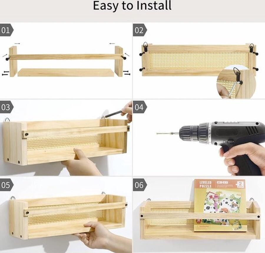 Senza Marchio Wandstelling voor kinderkamer hout set van 2 boekenplanken in rotan rasterdesign zwevende plank voor organizer keuken kruidenrek wanddecoratie opbergruimte badkamer woonkamer