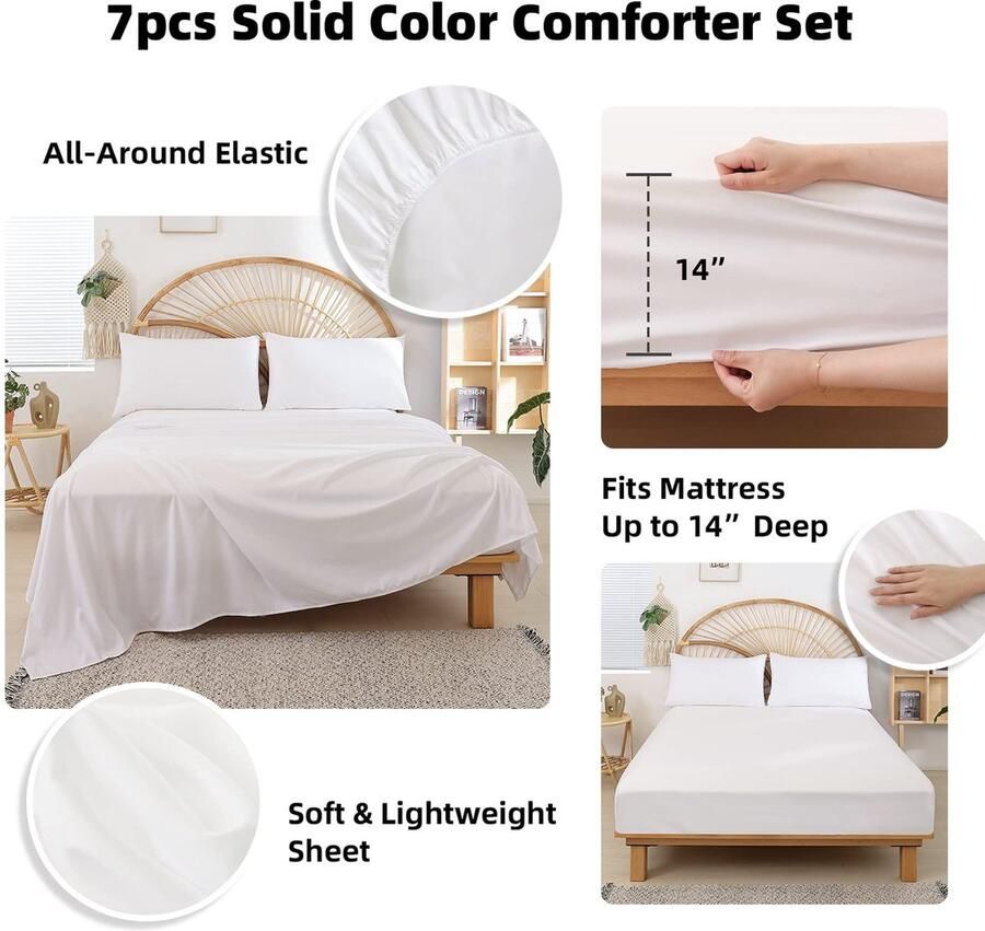 Senza Marchio weigelia Queen Dekbedset wit dekbed 7 stuks boho dekbed queensize bed in een tas microvezel dekbed set voor het hele seizoen met hoeslakens platte lakens kussenslopen en kussenslopen