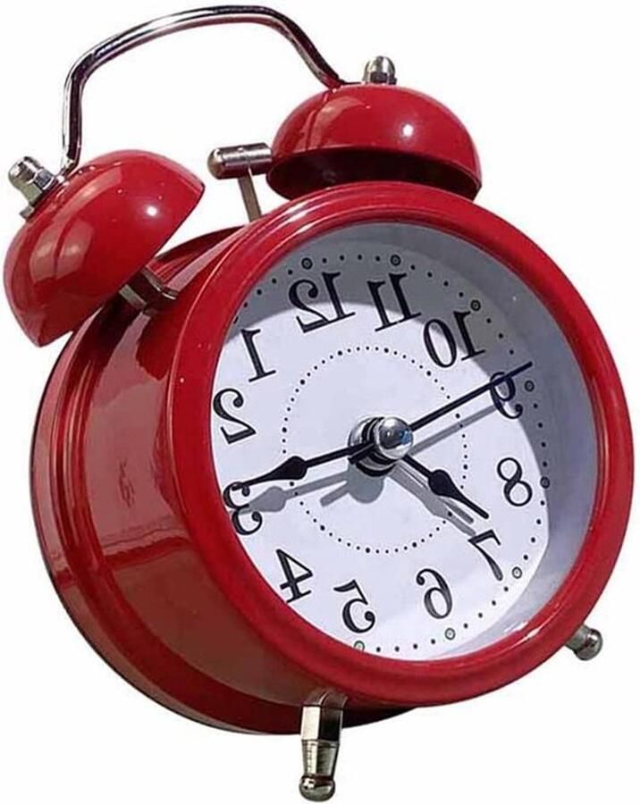 Senza Marchio Wekker ronde klok met achtergrondverlichting Dual Bell Moderne metalen mechanische nachtkastje Bell Wekker Batterij aangedreven stille wekker (rood)