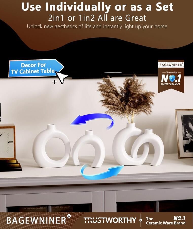 Senza Marchio Witte Ceramic Vaas Set Van 2 Moderne Boheemse Aesthetic Design Vase Decoratie Droogbloemen Pampas Voor Vazen Donut Home Room Vensterbank Salontafel Plank Decor Accessories