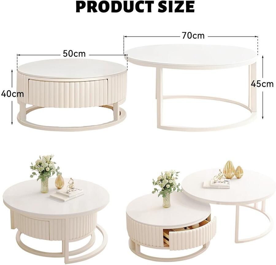 Senza Marchio Witte Nesting Salontafel Set Van 2 Boho Ronde Salontafel Met Houten Opberglade Middeneeuwse Moderne Cirkel Salontafel Voor De Woonkamer Marmeren Desktop En Stevig Metalen Frame Eenvoudige Montage