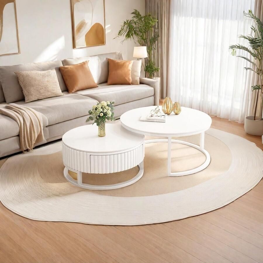 Senza Marchio Witte Salontafel Rond Nest van Tafels Marmeren Salontafel Set van 2 Salontafels voor de Woonkamer Centrumtafel met Opbergruimte Nesting Tafels met Stille Schuiven en Metalen Frame Ronde Bijzettafel