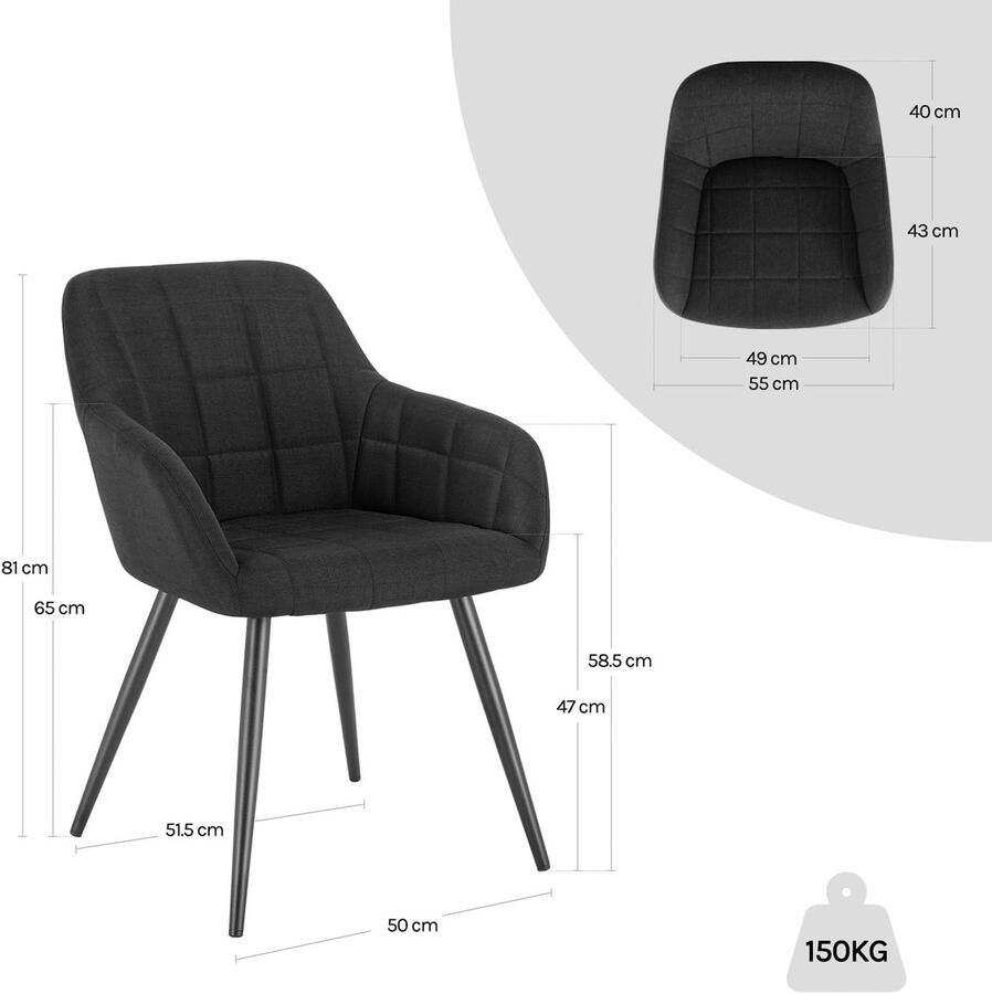 Senza Marchio WOLTU BH107sz-6 eetkamerstoelen set van 6 linnen en metalen vrijetijdsstoelen zwart