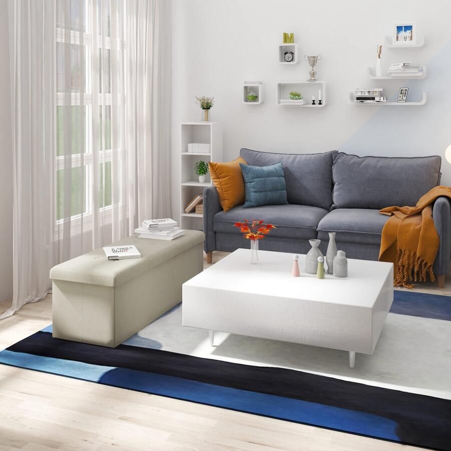 Senza Marchio WOLTU Opvouwbare Opbergbank Poef Kruk Grote Capaciteit 300KG Interieur Opbergkist Linnen Gewatteerde Voetensteun 118L 110x37.5x38cm Beige SH11cm