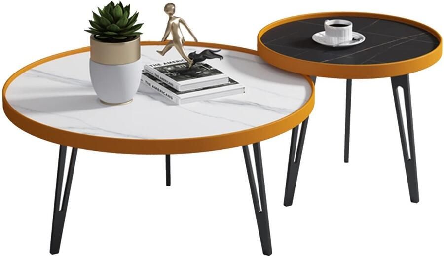 Senza Marchio Woonkamer Nesting Coffee Table Set van 2 Nesting Table Ronde Rand Verhoogd Slate Creatieve Sofa Side End Tables Metal Frame Moderne bijzettafel voor kleine ruimte Balkon Slaapkamer (Color