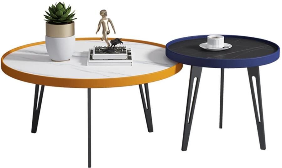 Senza Marchio Woonkamer Nesting Coffee Table Set van 2 Nesting Table Ronde Rand Verhoogd Slate Creative Sofa Side End Tables Metal Frame Moderne bijzettafel voor kleine ruimte Balkon Slaapkamer (Color