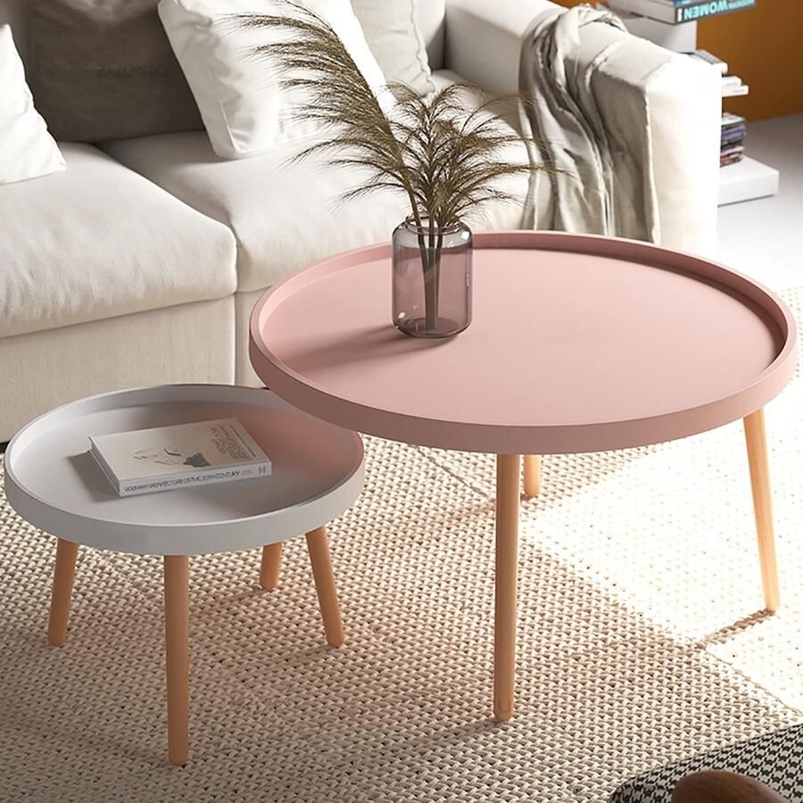 Senza Marchio Woonkamer Nesting Table Ronde Moderne Nesting Coffee Table Set van 2 Multifunctionele Creatieve Bijzettafels voor Bank Balkon Slaapkamer Eenvoudige montage (Kleur: Roze+Wit)