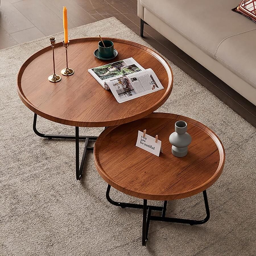 Senza Marchio Woonkamer Nesting Table Round Modern Accent Nesting Coffee Table Set van 2 Wood Side End Table for Small Spaces Living Room Balkon Office Metalen poten Eenvoudige montage (Color : Light